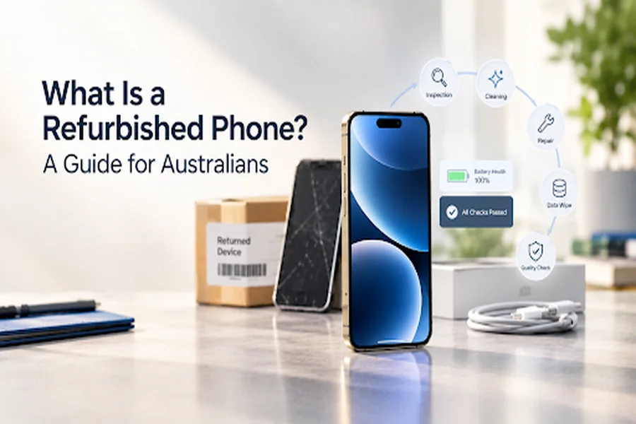 Refurbished phone undergoing inspection, cleaning, repair, battery health and quality checks before resale in Australia. 